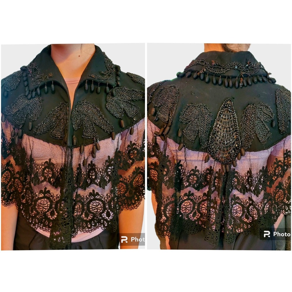 Antique Black Beaded Lace Victorian Edwardian Mourning Cape Capelet Mantel Goth
